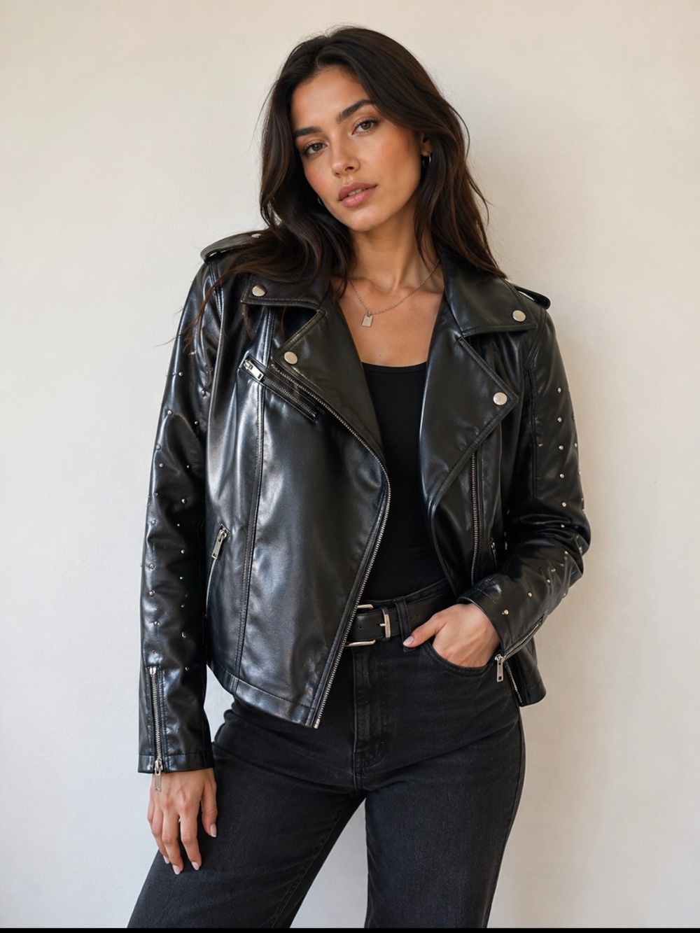 Maurices Faux Leather Motorcycle Jacket Studded Sleeves Women’s Size M NWT